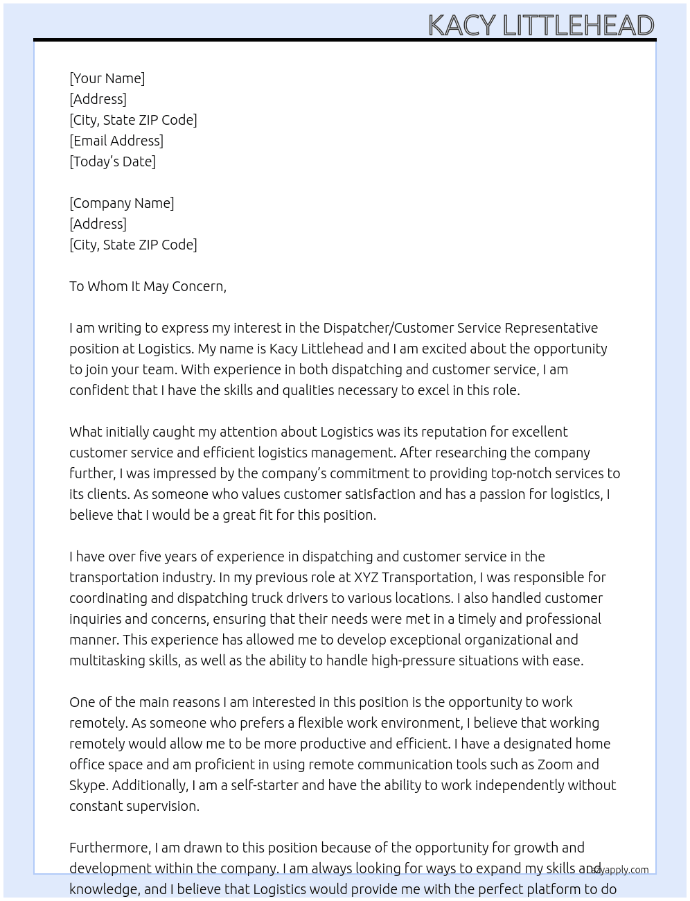 Dispatcher/ Customer service representative  At Logistics  Cover Letter