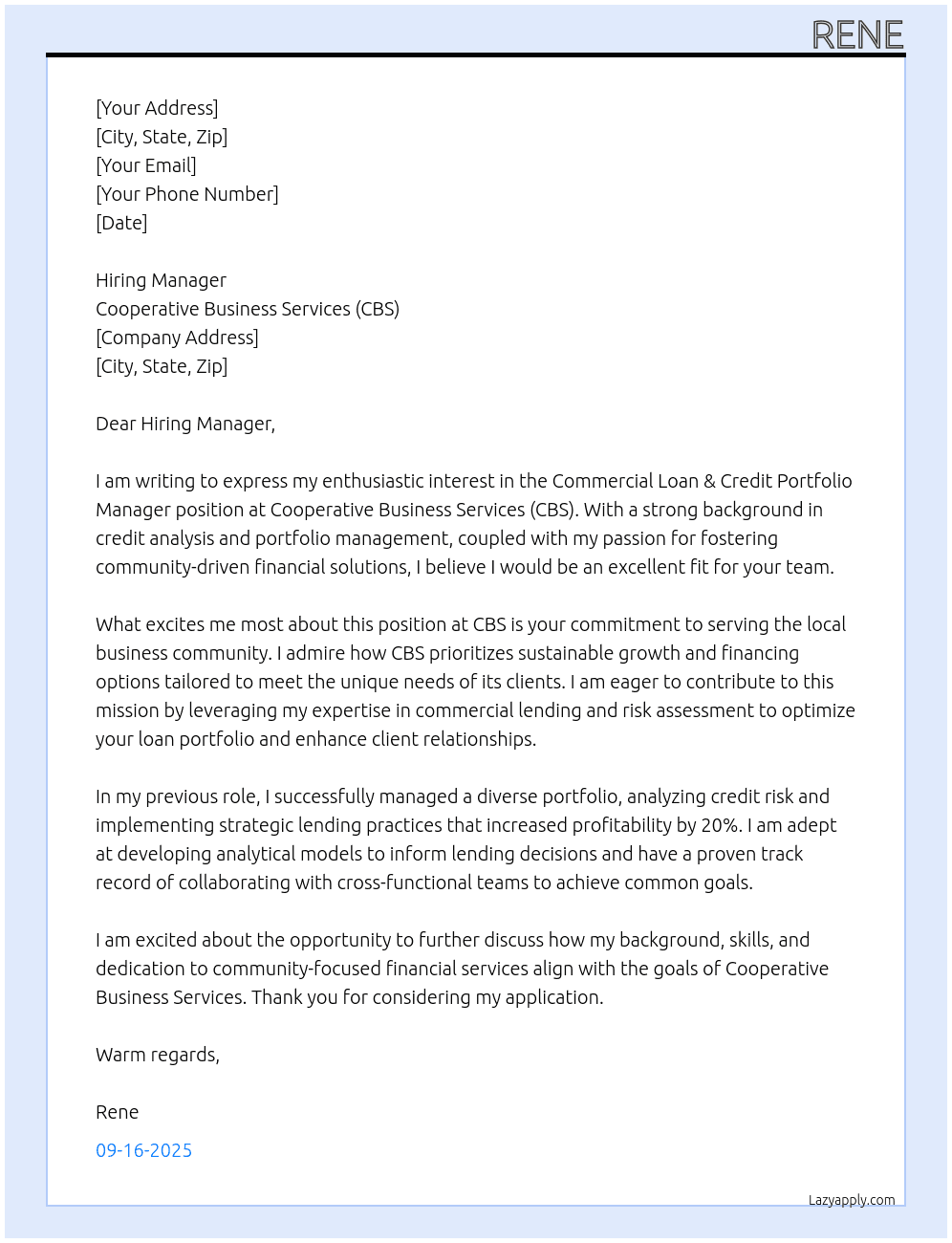 Cover letter for commercial loan & credit portfolio manager - LazyApply