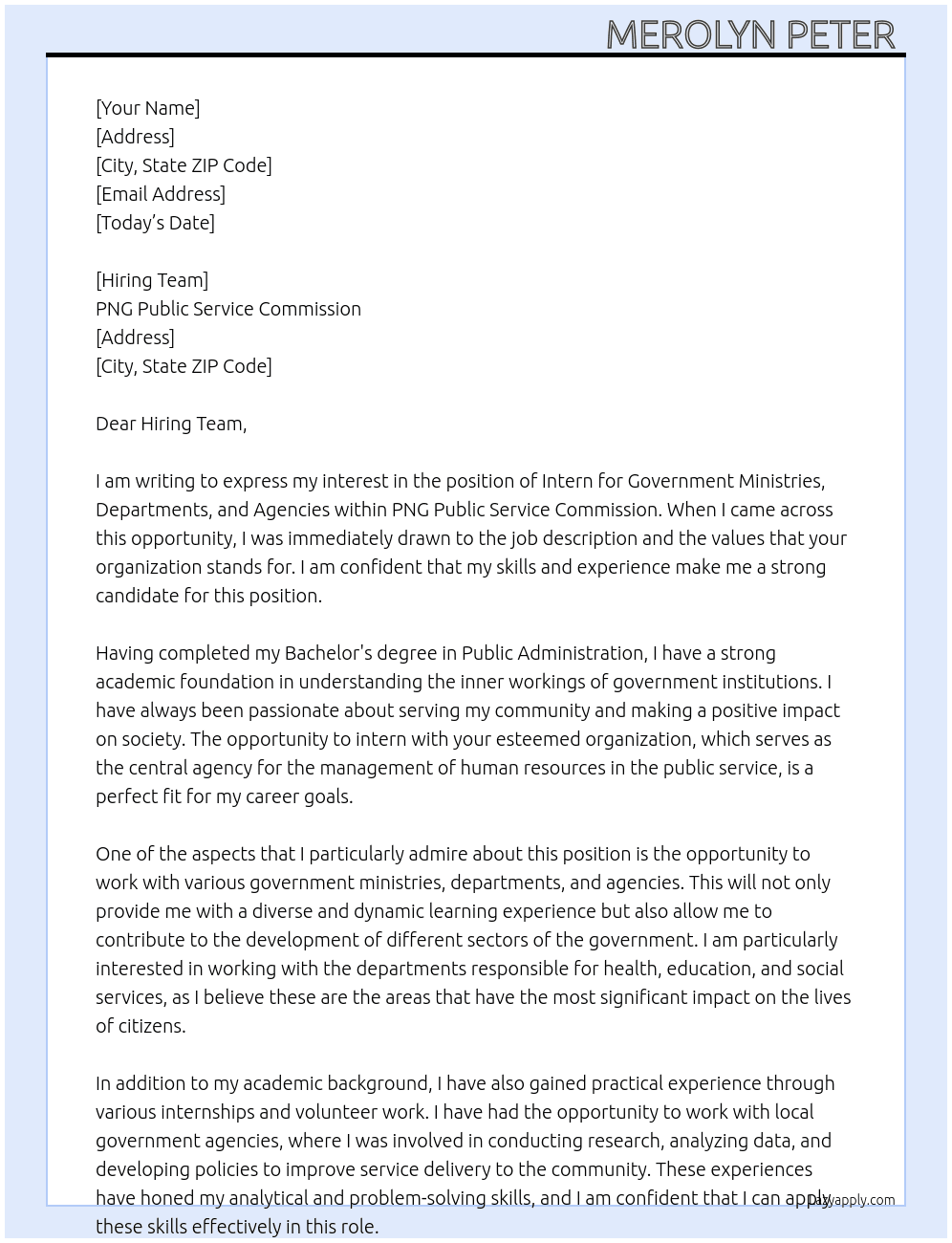 Intern for Government Ministries, Departments and Agencies  At PNG Public Service Commission  Cover Letter
