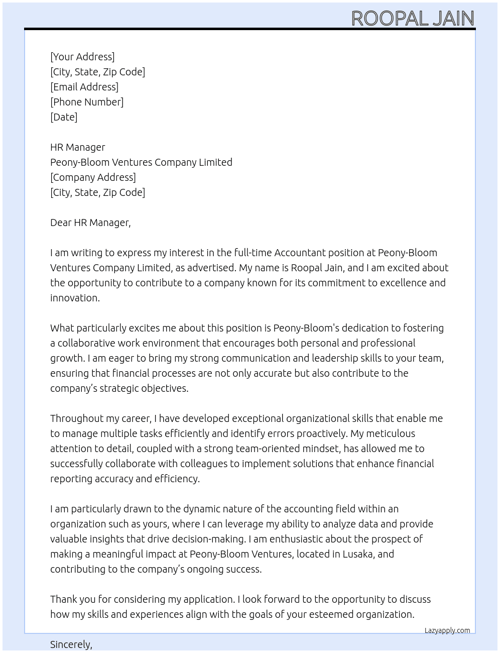 Accountant At Peony-Bloom Ventures Company Limited Cover Letter