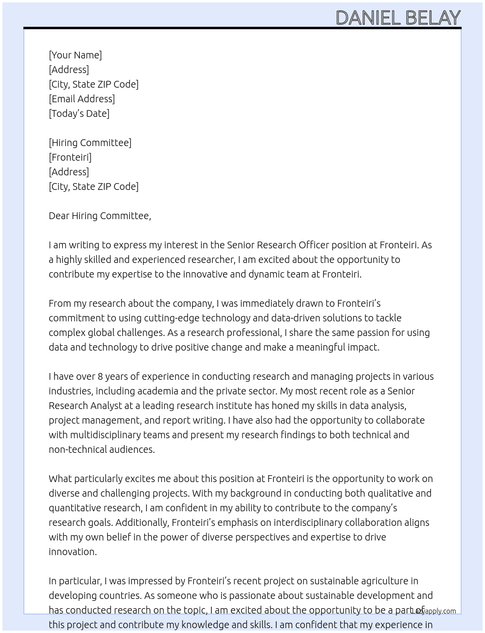 senior research officer At FRONTEIRI Cover Letter