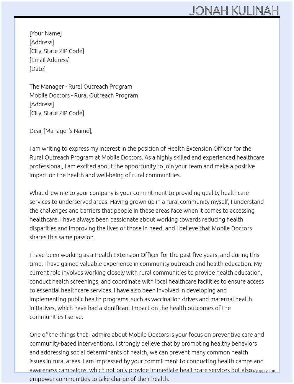 Health Extension Officer-Rural Outreach program At Mobile Doctors- Rural Outreach Program Cover Letter