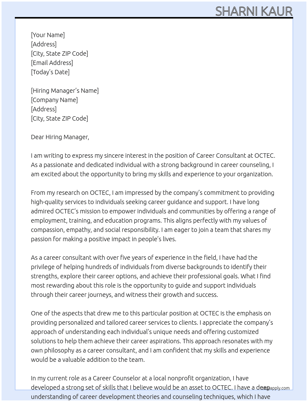 Career Consultant At OCTEC Cover Letter
