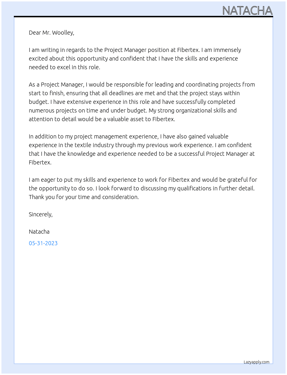 Project Manager  At Fibertex Cover Letter
