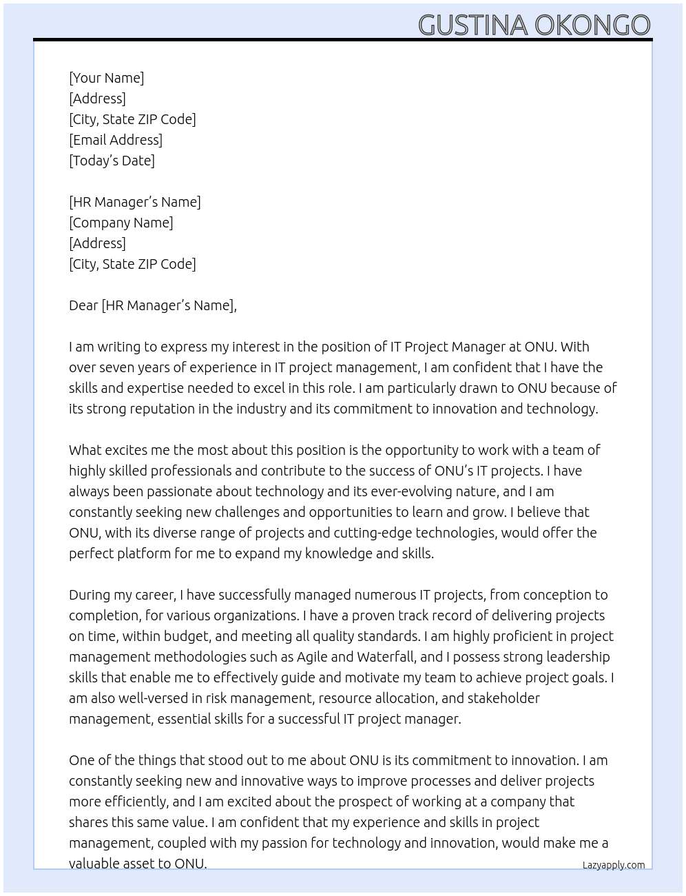 It Project manager At ONU Cover Letter
