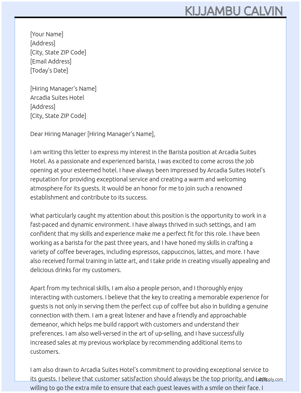 Barista  At Arcadia Suites Hotel Cover Letter