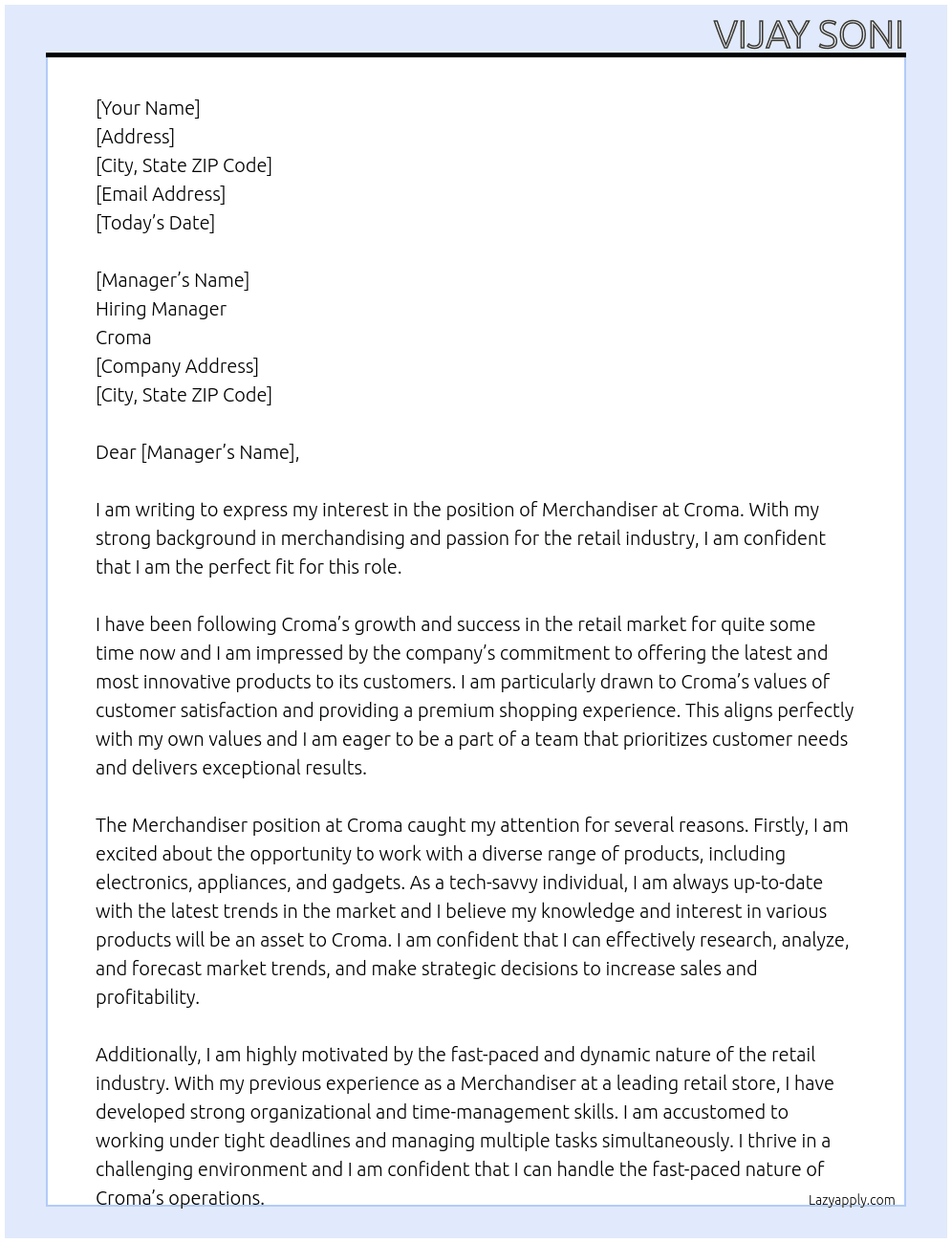 Merchandiser At Croma  Cover Letter