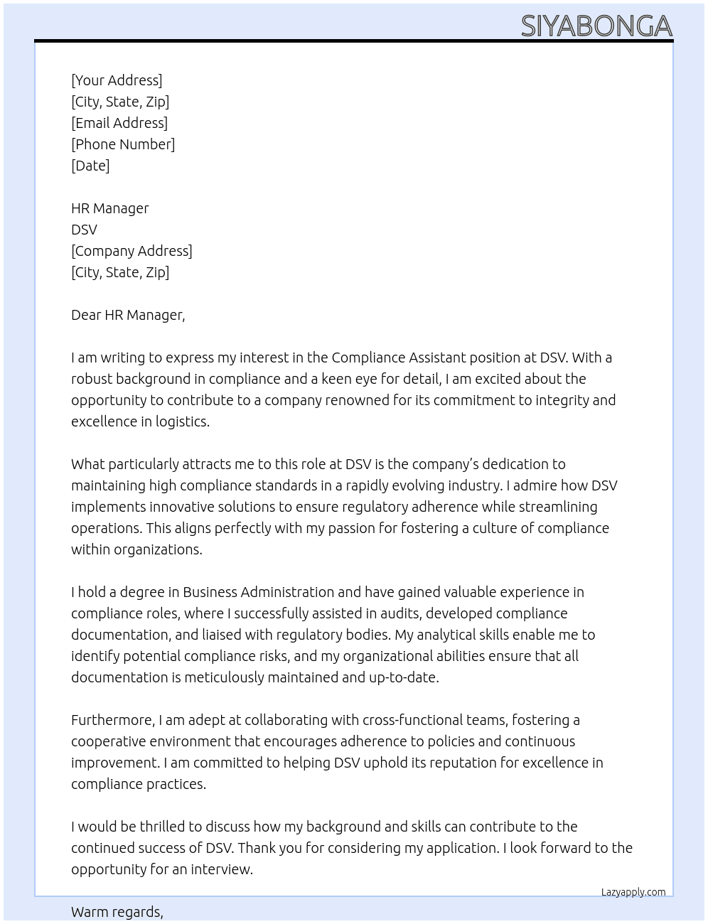 Compliance Assistant At  DSV  Cover Letter
