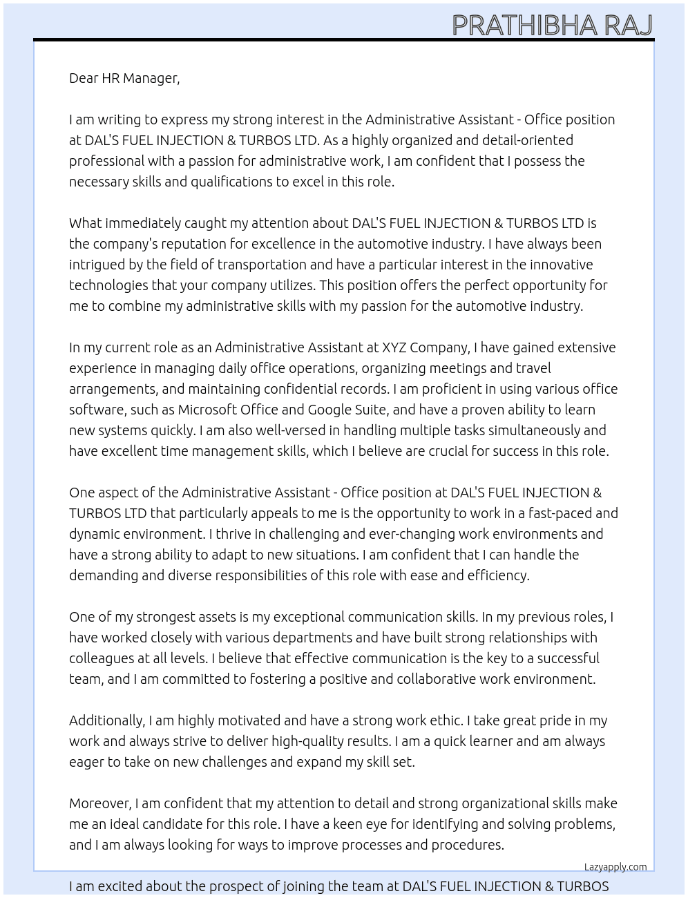 Administrative assistant - office At DAL'S FUEL INJECTION & TURBOS LTD. Cover Letter