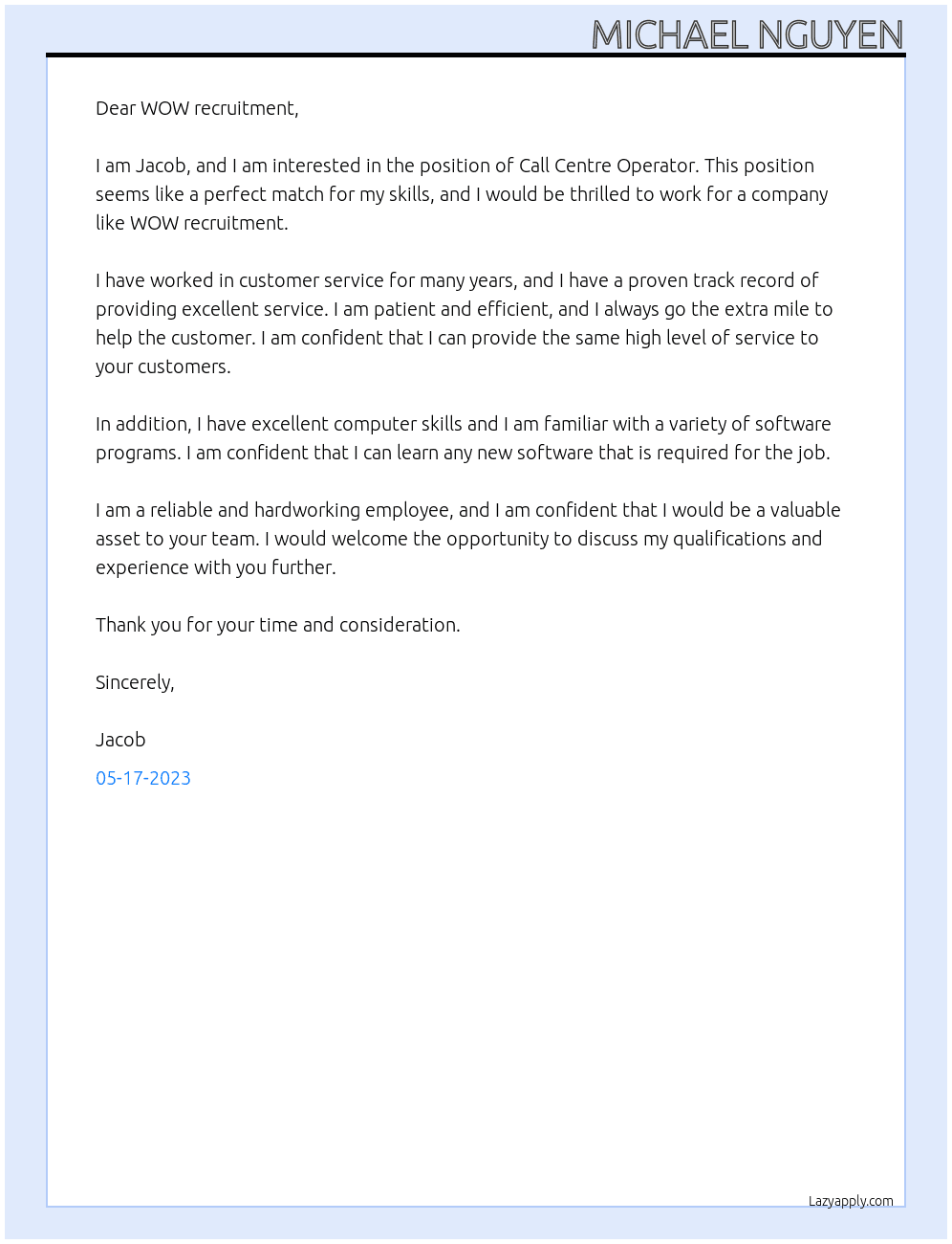 Call Centre Operator At WOW recruitment  Cover Letter