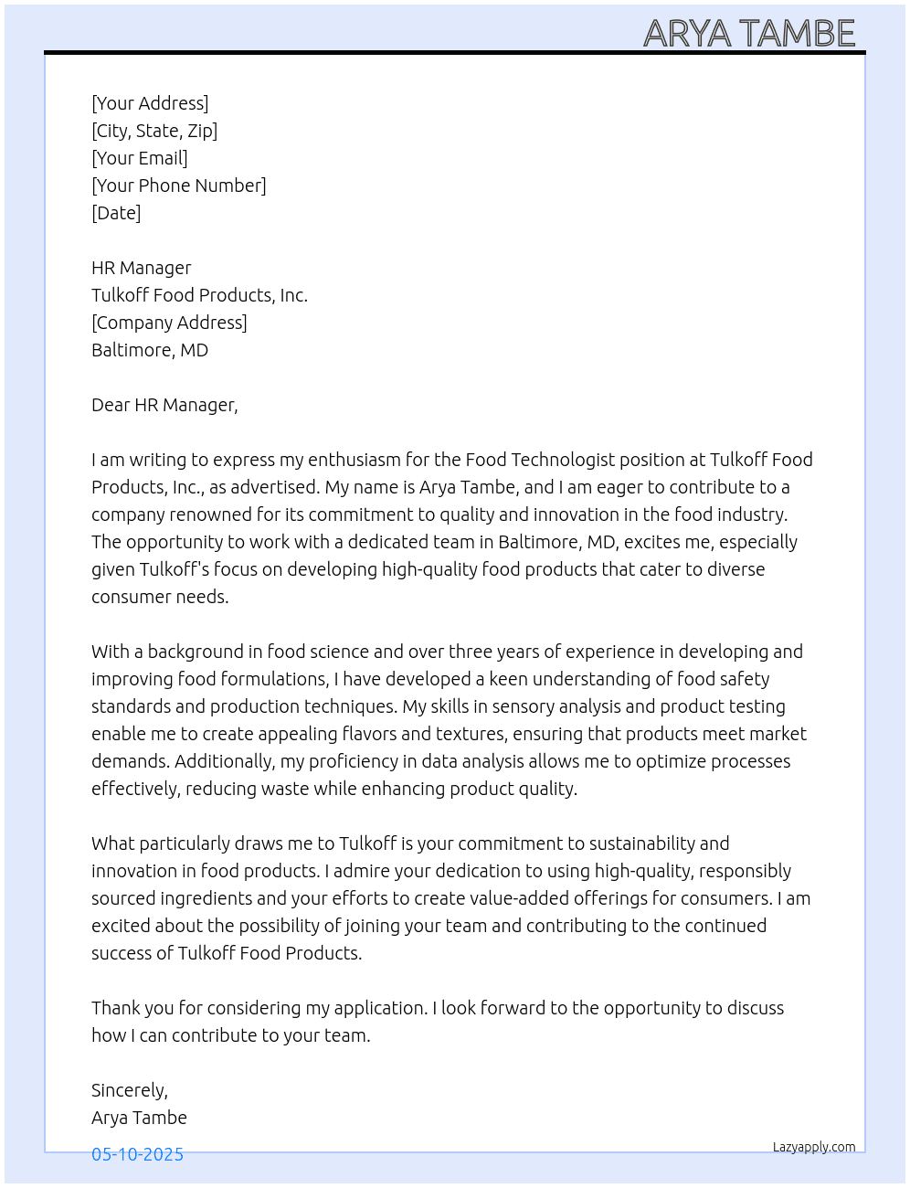 Food Technologist  At Tulkoff Food Products.Inc Cover Letter