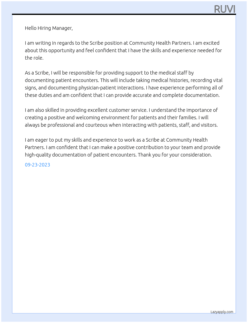 Scribe At Community Health Partners Cover Letter