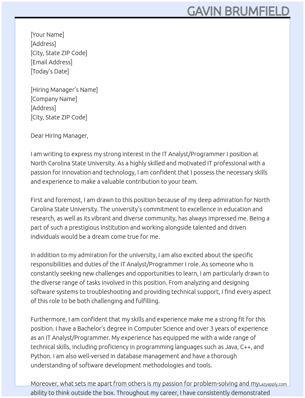 IT Analyst/Programmer I At North Carolina State University Cover Letter