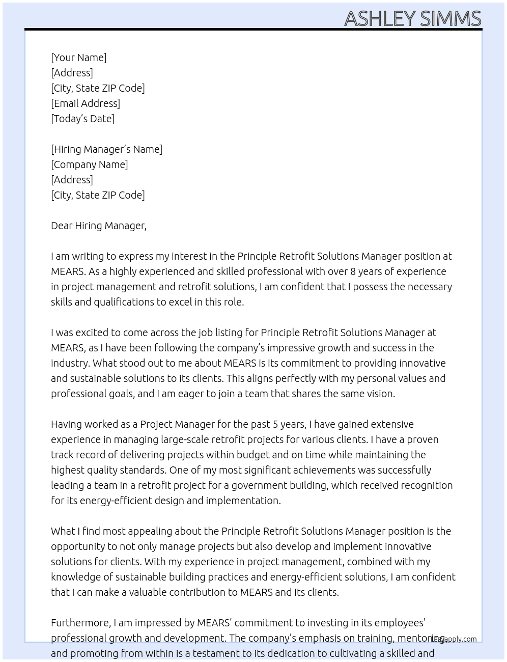 Principle Retrofit Solutions Manager position. At MEARS Cover Letter