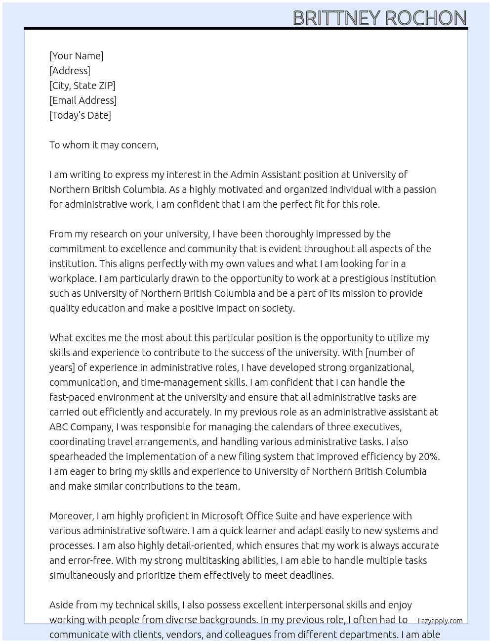 Admin assistant At University of Northern British Columbia Cover Letter