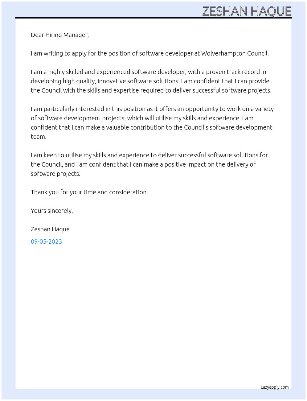 software developer At Wolverhampton Council Cover Letter