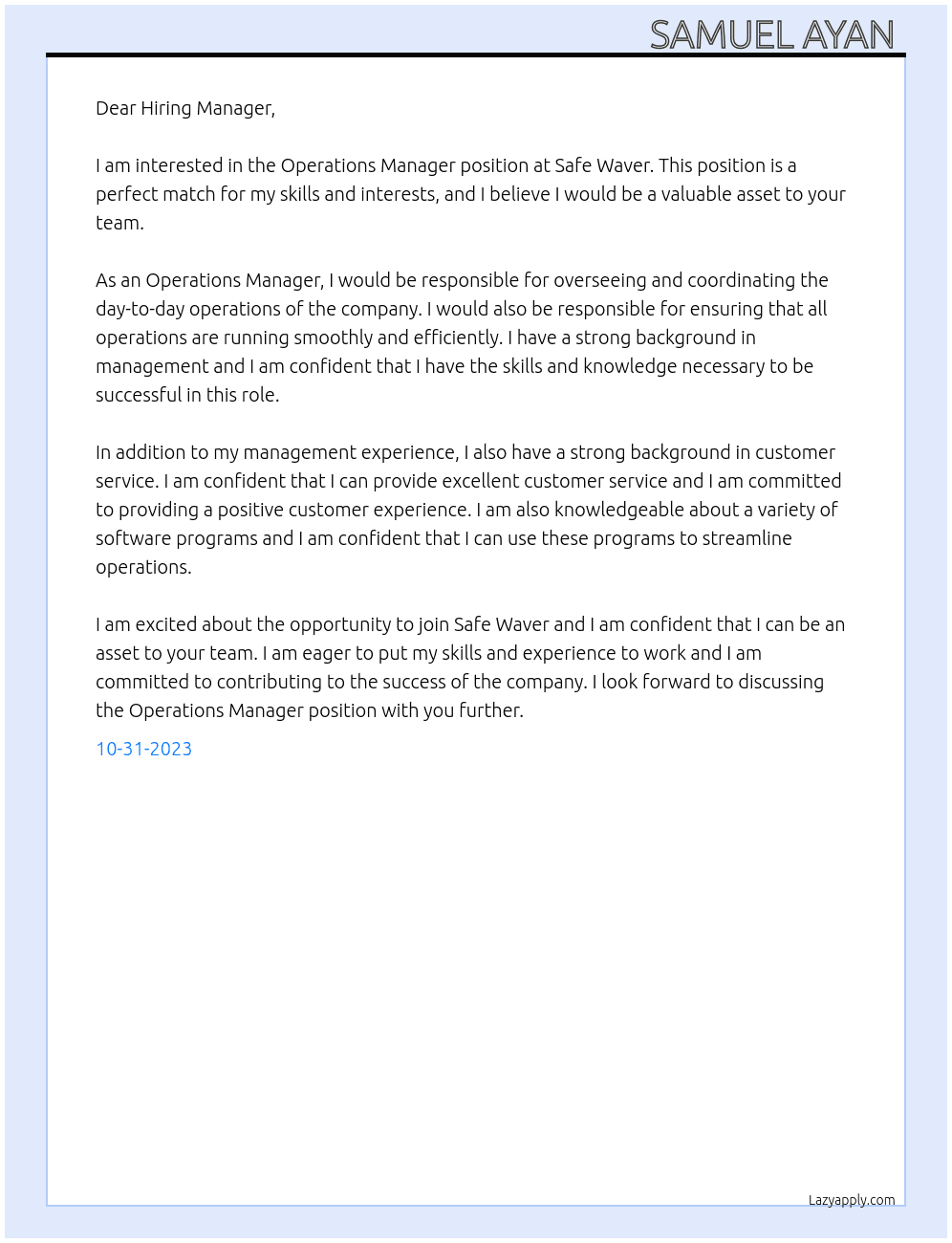 Operations Manager At Safe Waver Cover Letter