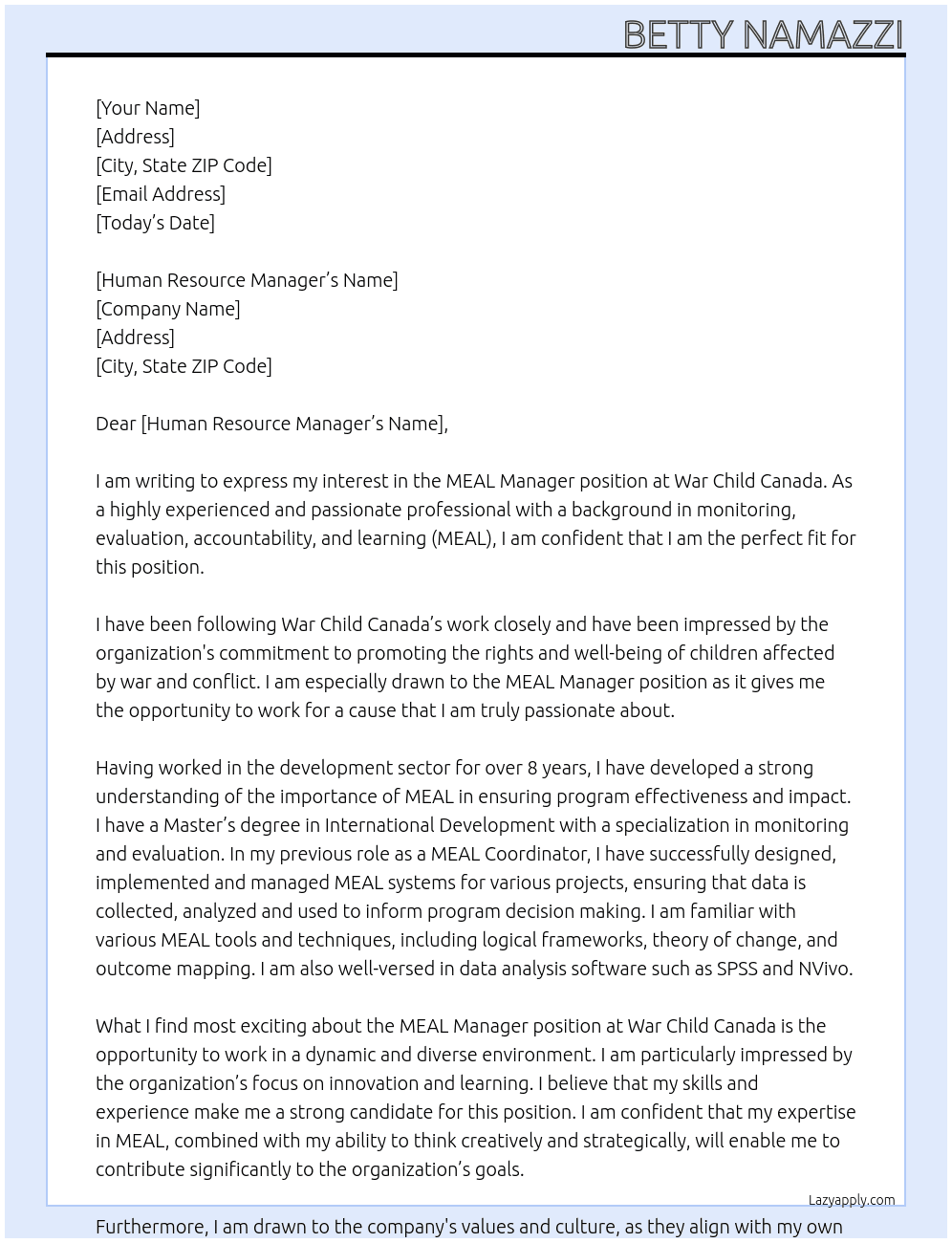MEAL manager At war child canada Cover Letter
