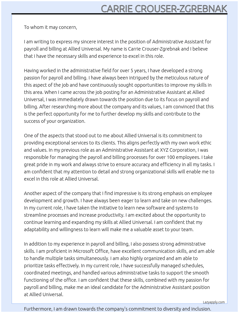 Administrative Assistant payroll/billing At Allied Universal Cover Letter