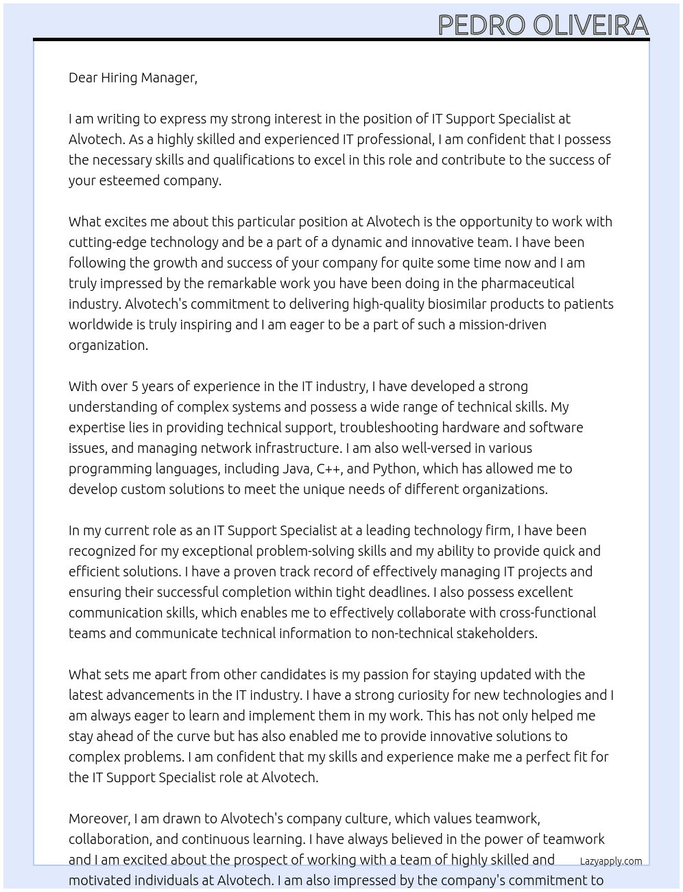 IT Support Specialist At Alvotech Cover Letter