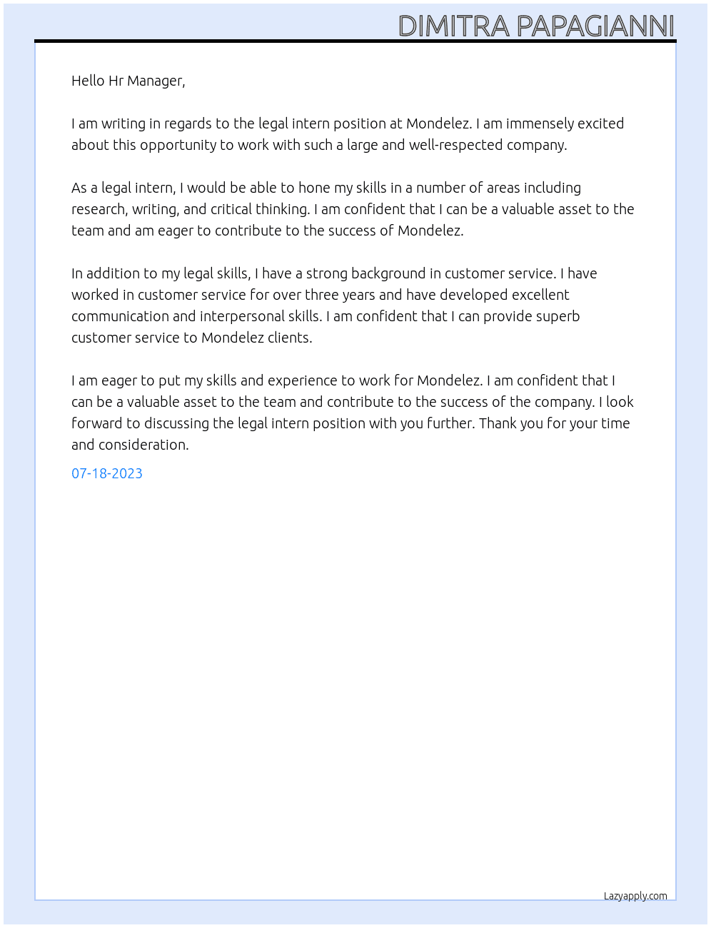 Legal intern At Mondelez Cover Letter