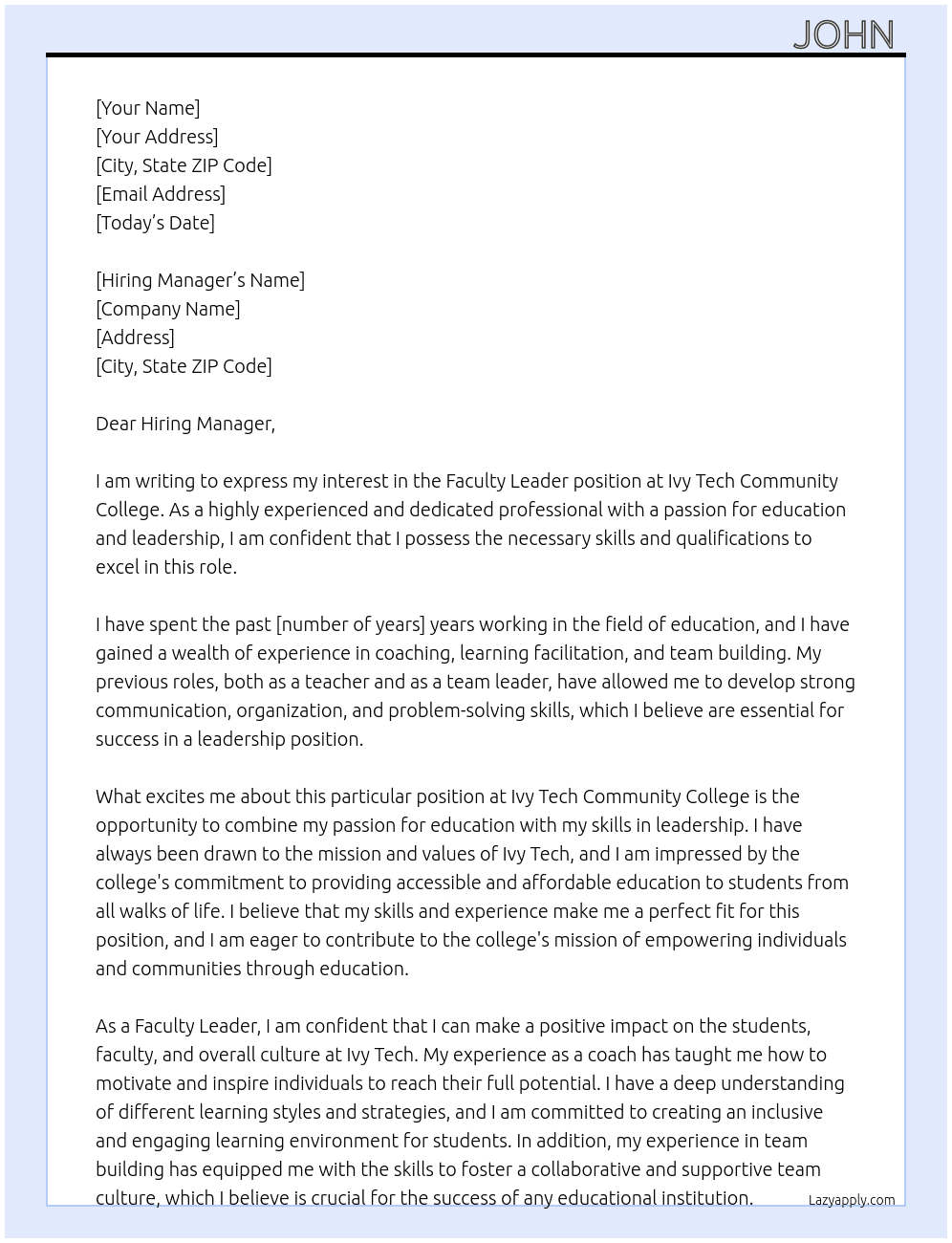 Faculty Leader  At Ivy Tech Community College Cover Letter