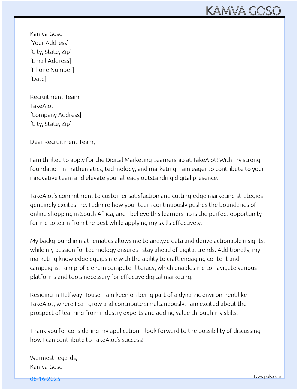 Digital Marketing Learnership  At TakeAlot  Cover Letter