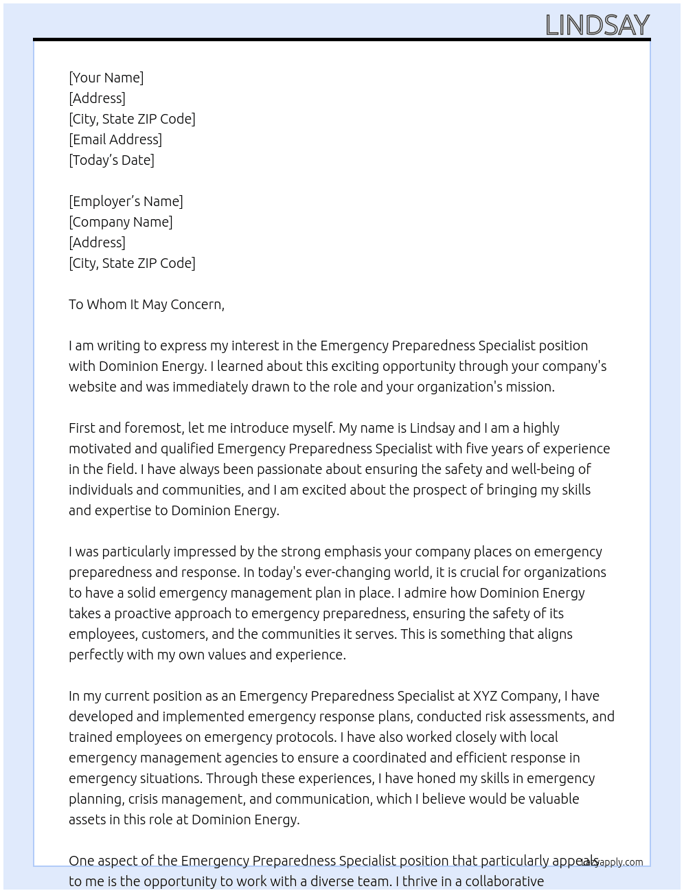 Emergency Preparedness specialist At Dominion Energy Cover Letter