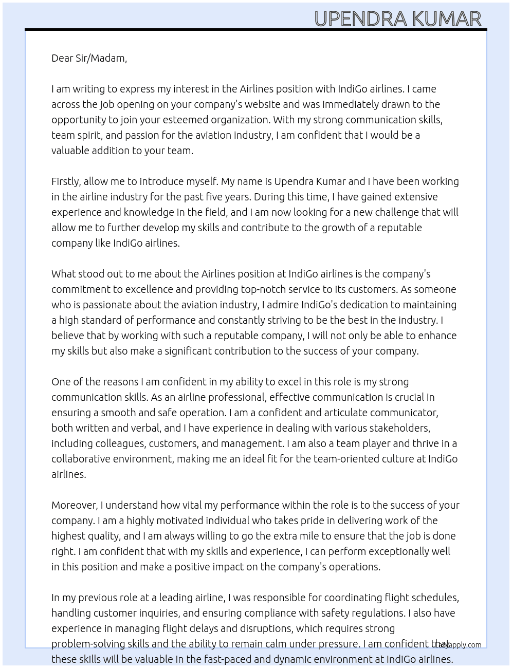 Airlines  At IndiGo airlines  Cover Letter