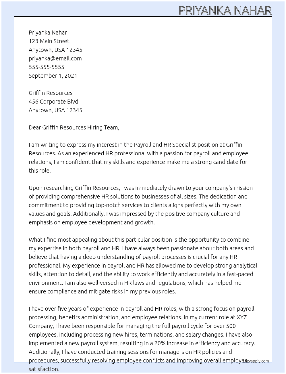 Payroll and HR Speacilaist At Griffin Resources Cover Letter