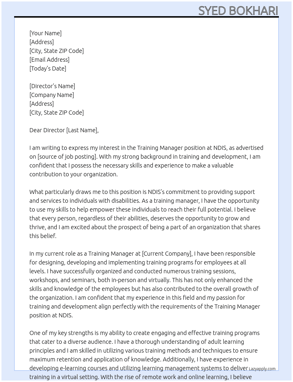 Training manager At NDIS Cover Letter