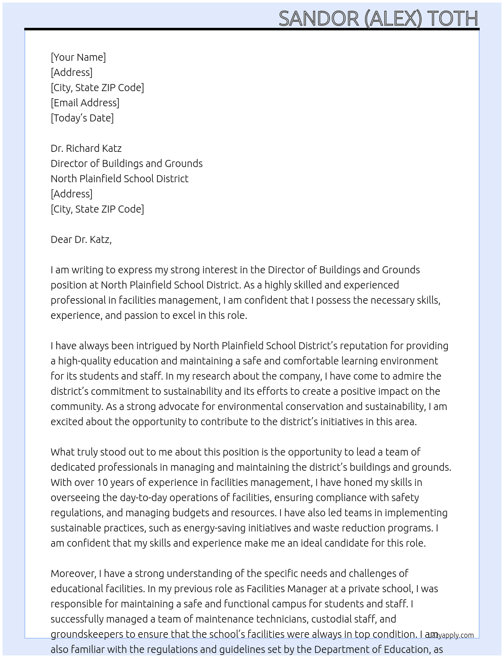 Director of Buildings and Grounds At North Plainfield School District Cover Letter