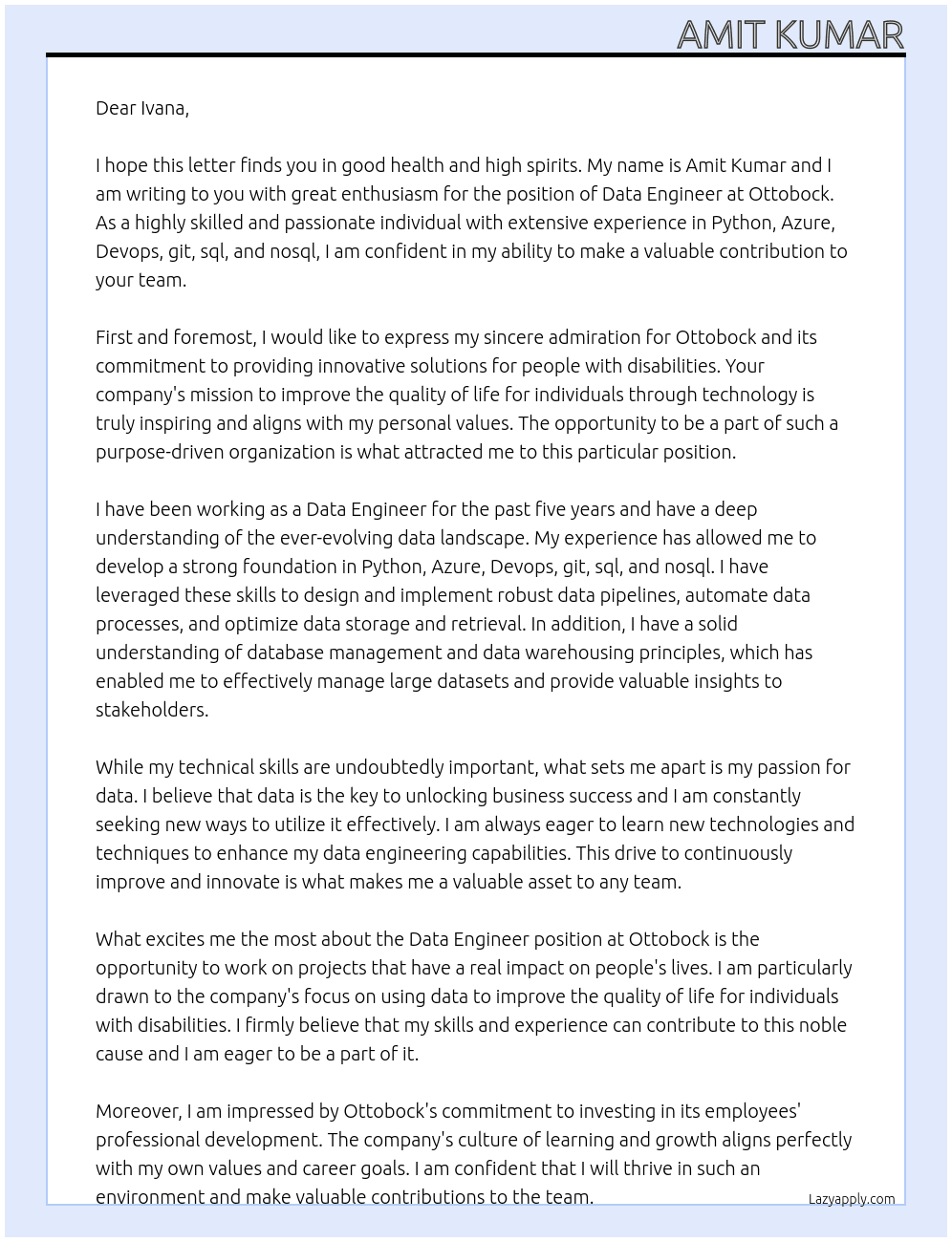 Data Engineer At Ottobock Cover Letter