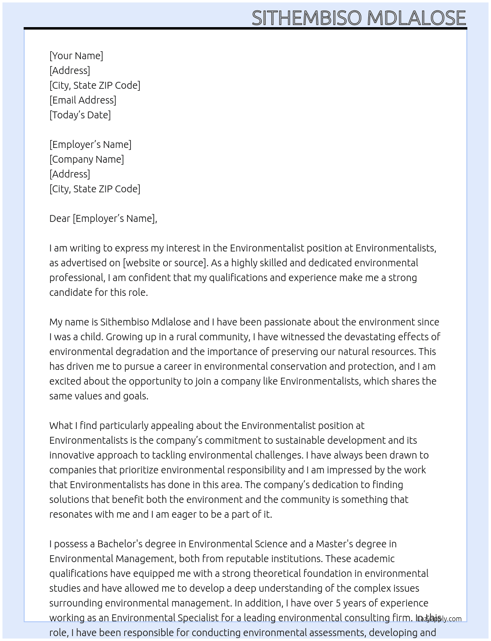 Environmentalist At Environmentalists Cover Letter