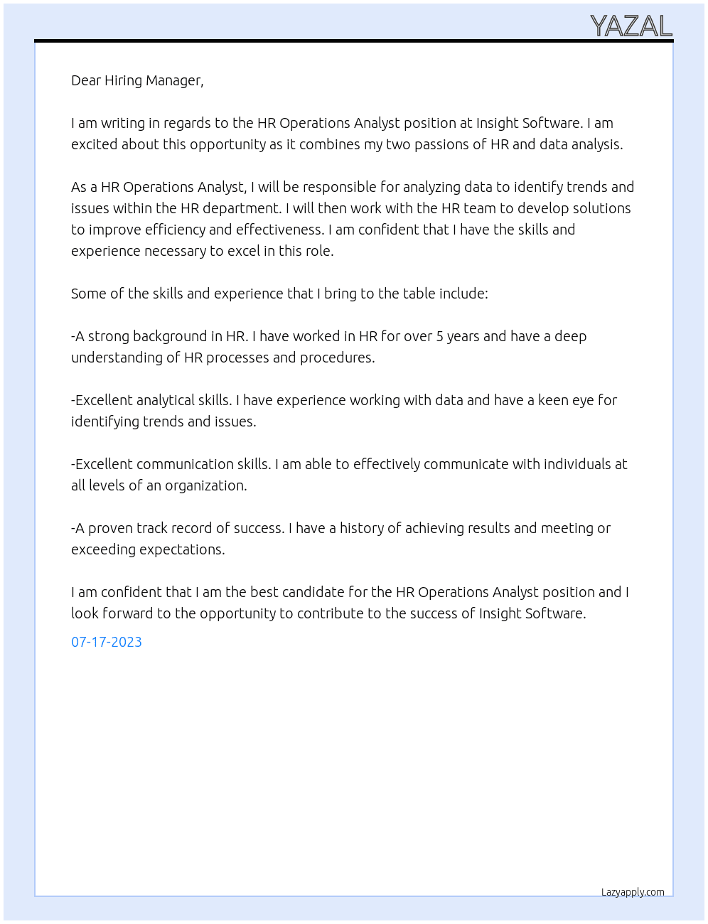 HR Operation Analyst At Insight Software Cover Letter
