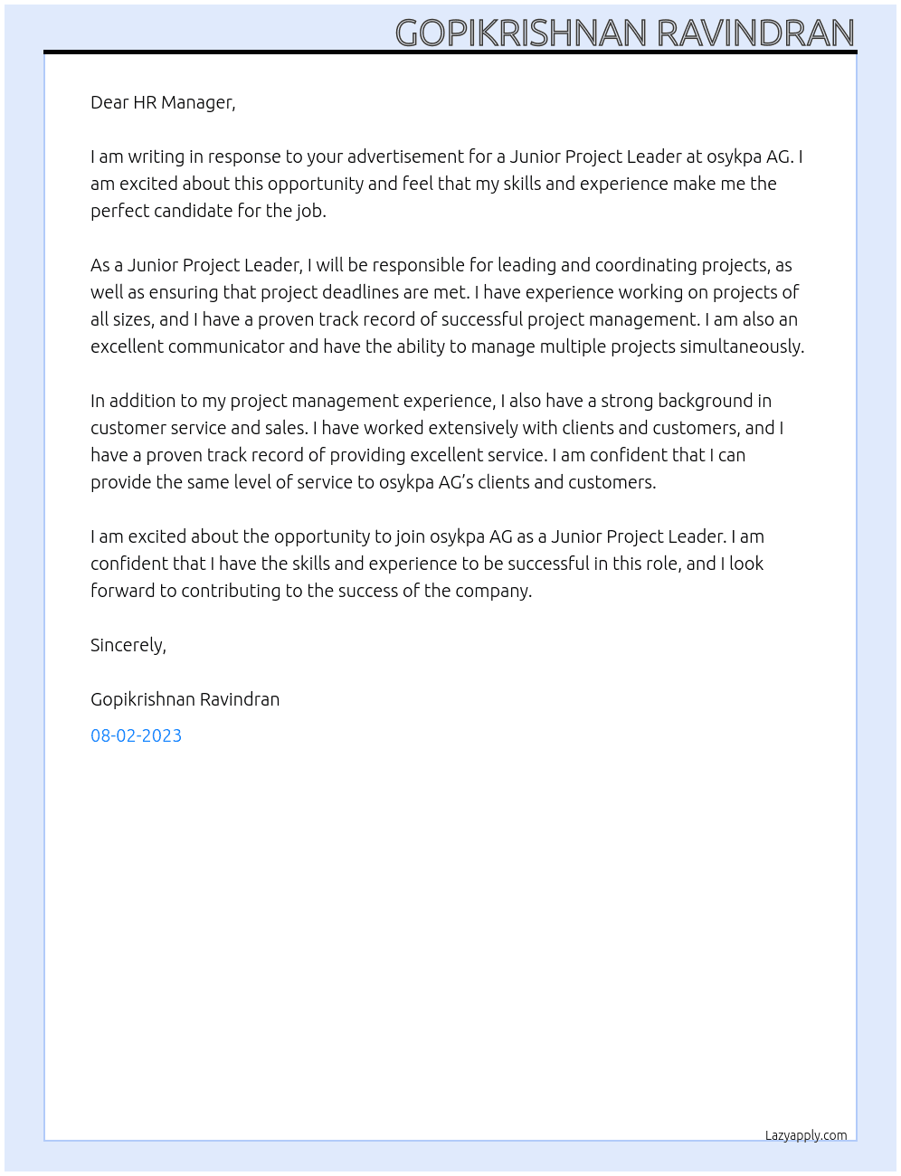 junior project leader At osykpa AG Cover Letter