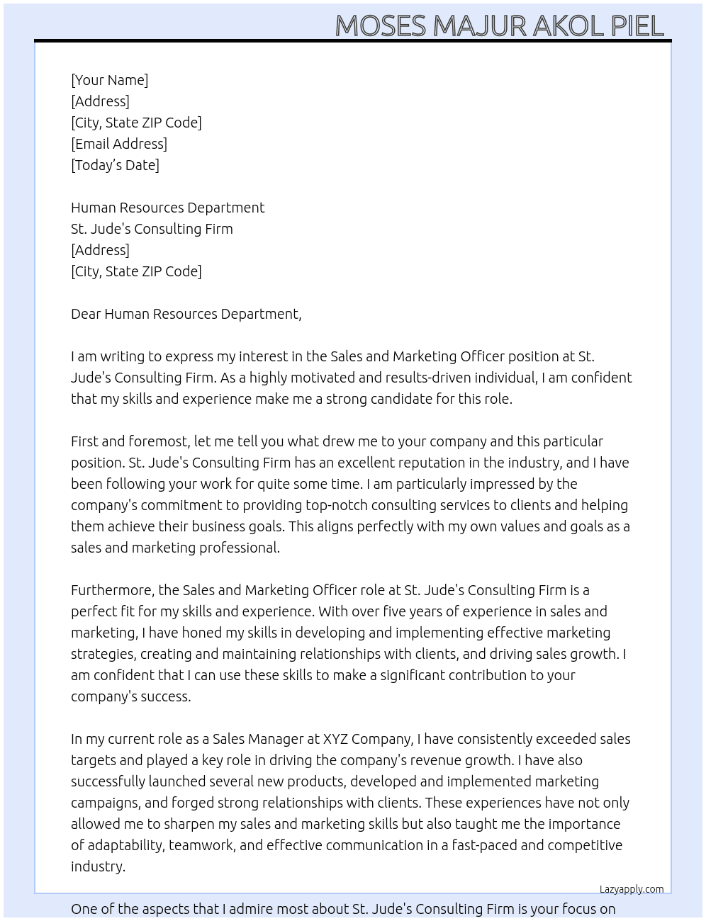 Sales and Marketing Officer  At St. Jude's Consulting Firm Cover Letter