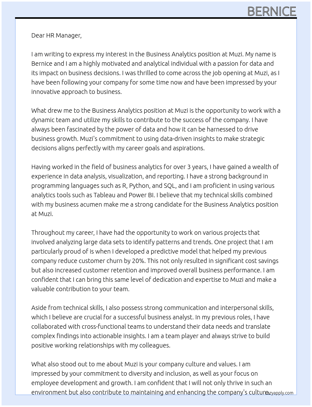 Business analytics At Muzi Cover Letter