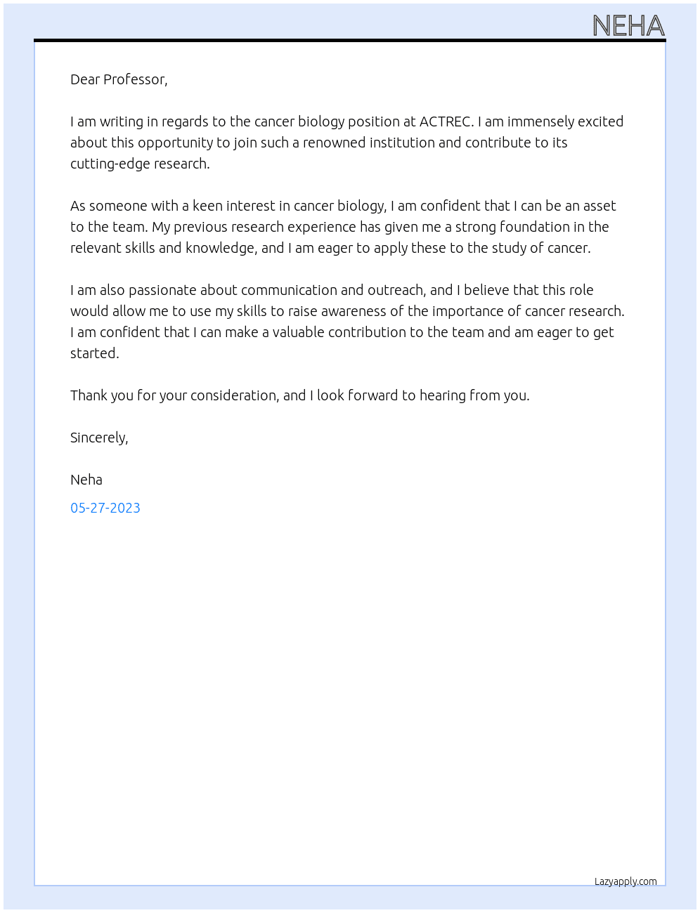 Cancer biology At ACTREC Cover Letter