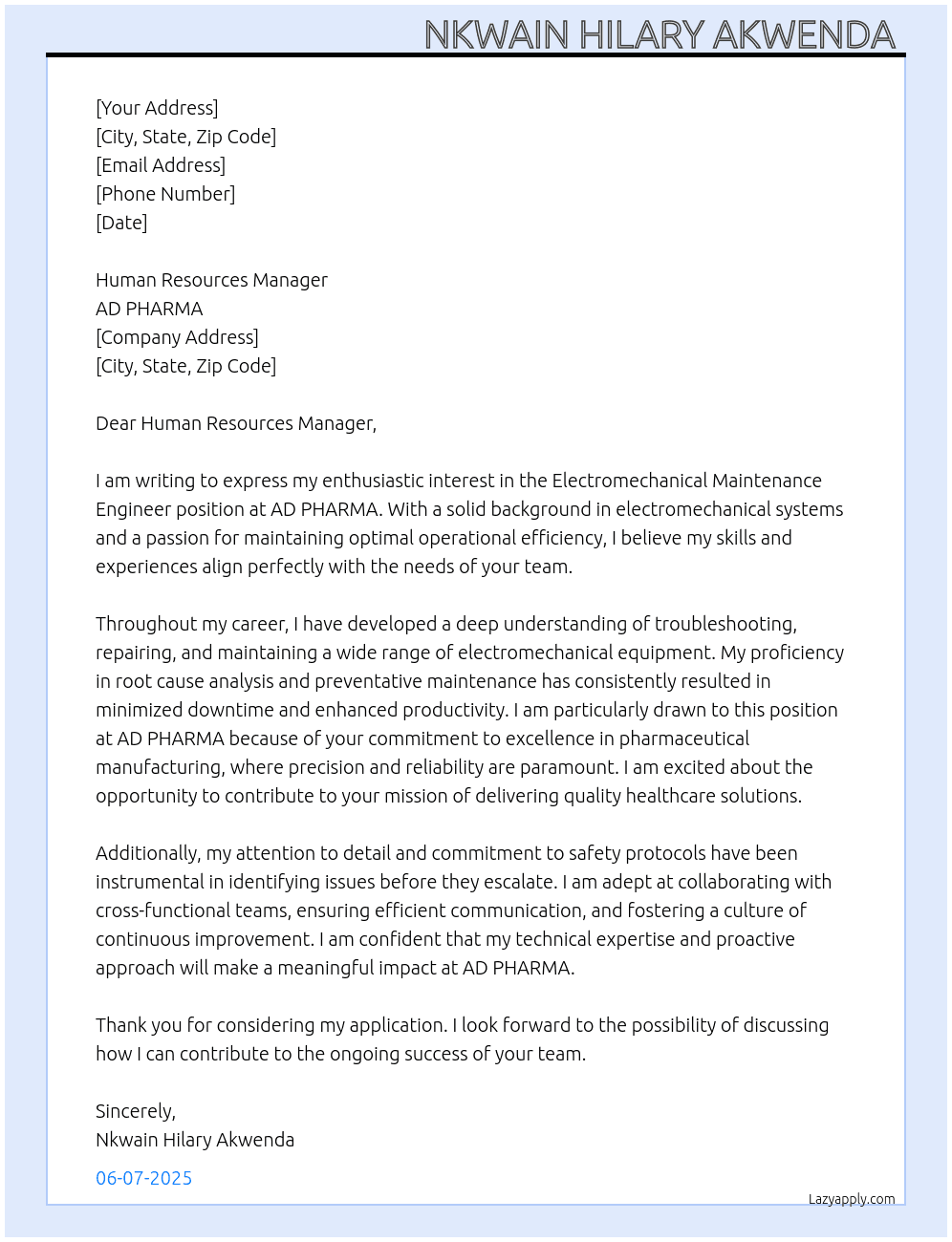 Electromechanical maintenance engineer  At AD PHARMA Cover Letter