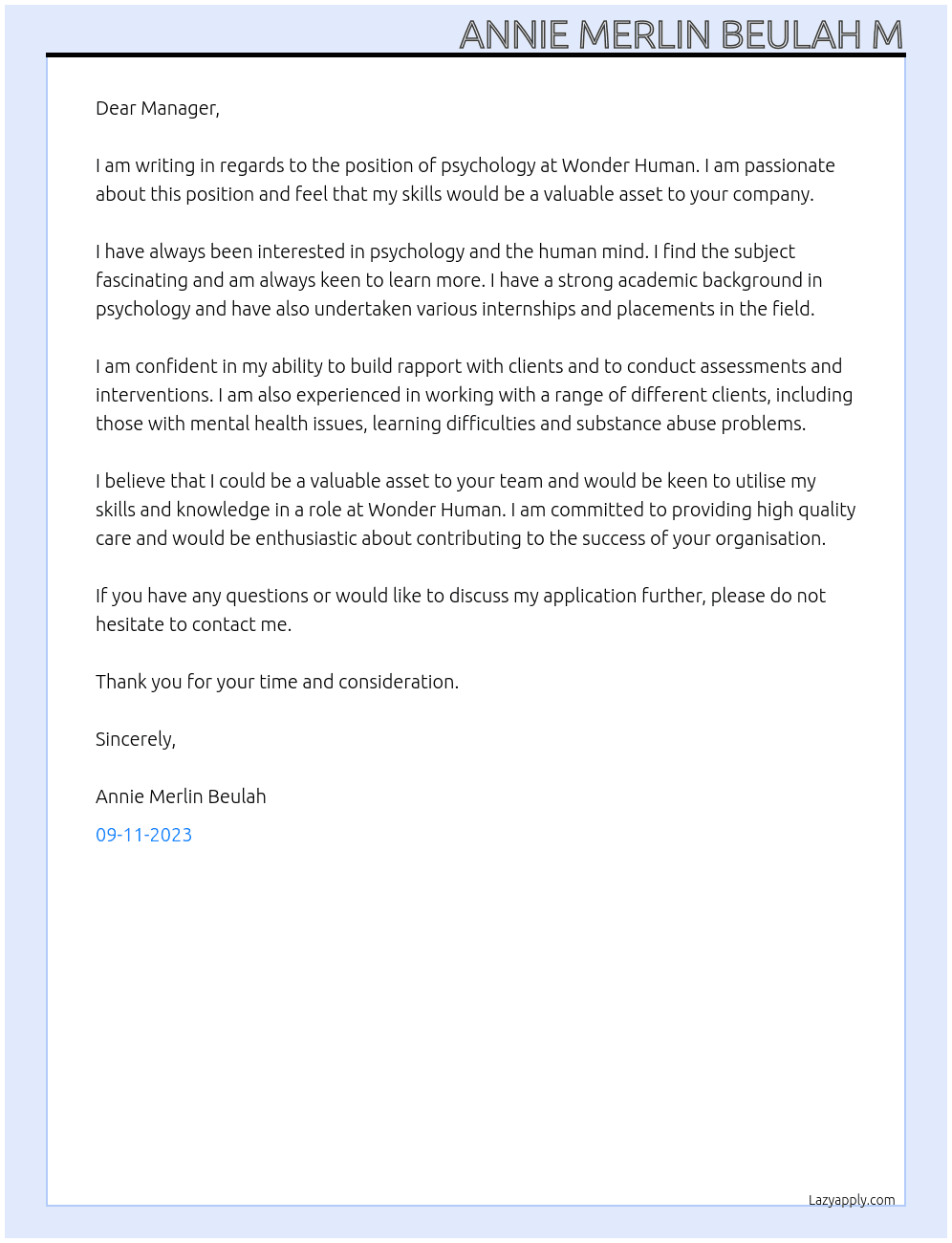 psychology At Wonder Human Cover Letter