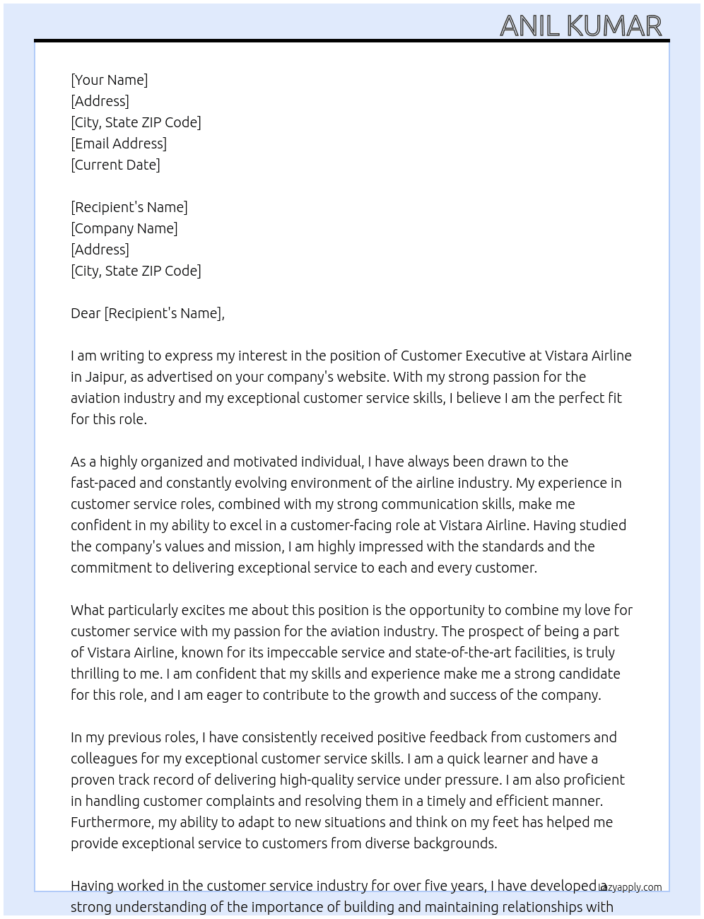 Coustomer excitv  At Vistara Airline  Cover Letter