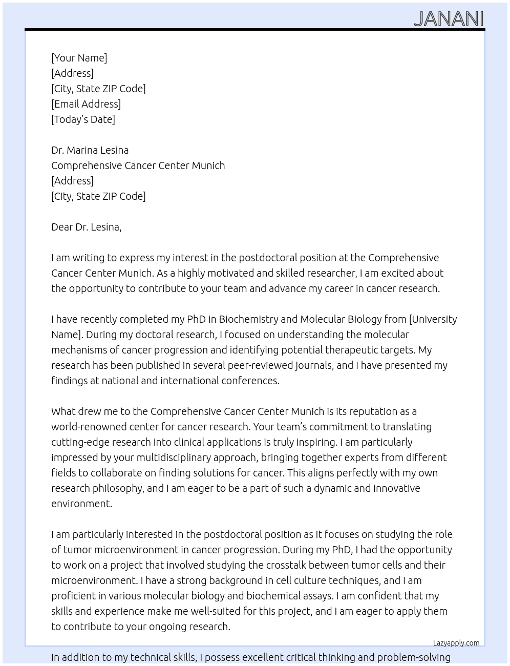 postdoctoral position At Comprehensive Cancer Center Munich  Cover Letter