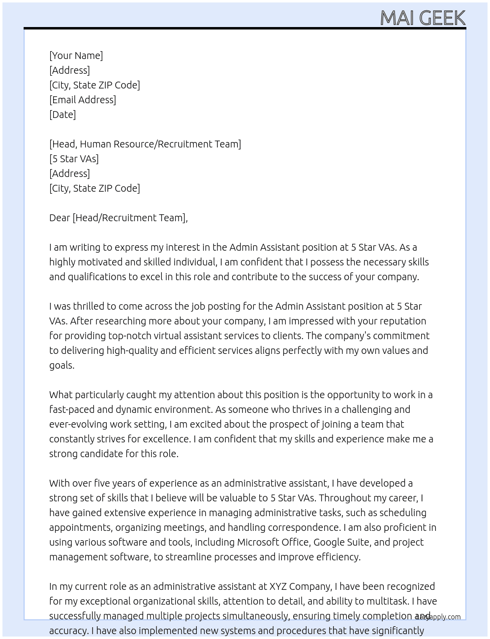 Admin Assistant At 5 Star VAs Cover Letter