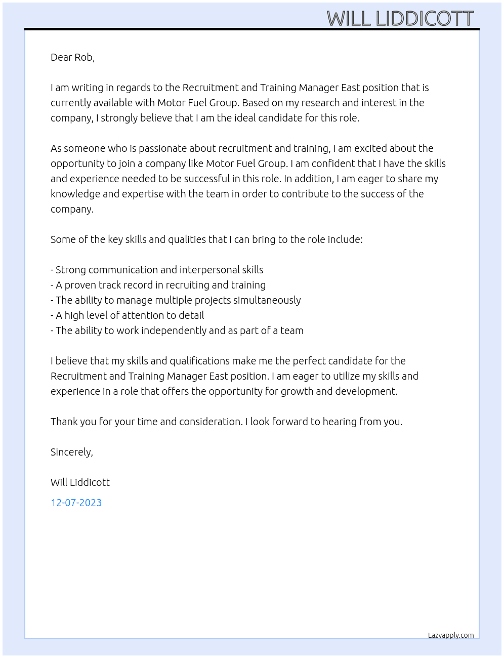 Recruitment and Training Manager East At Motor Fuel Group Cover Letter