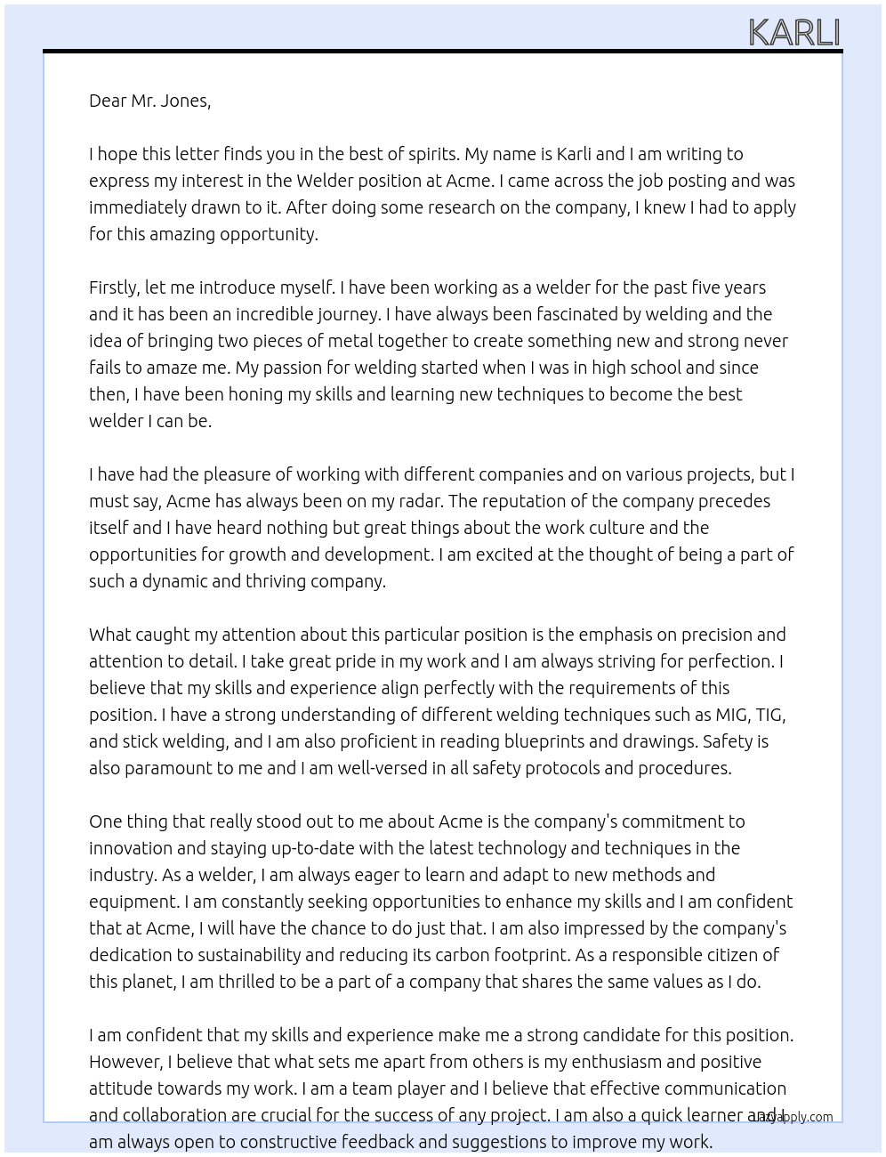 Welder At acme Cover Letter