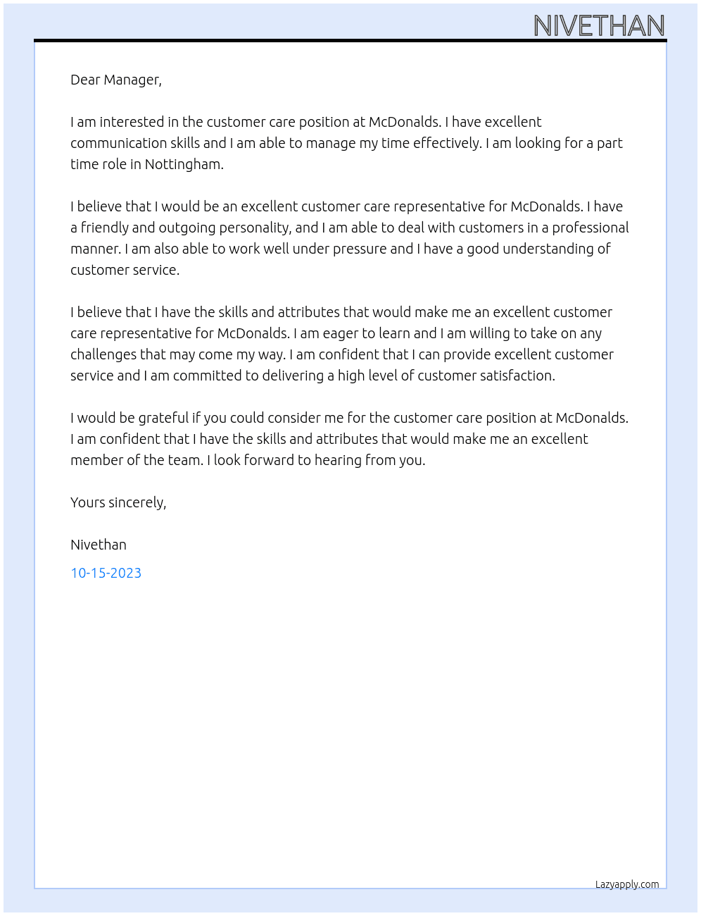 Customer Care At McDonalds Cover Letter