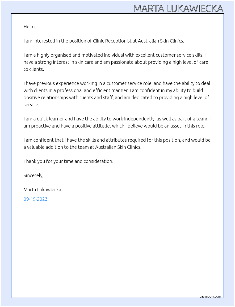 Clinic Receptionist At Australian Skin Clinics Cover Letter