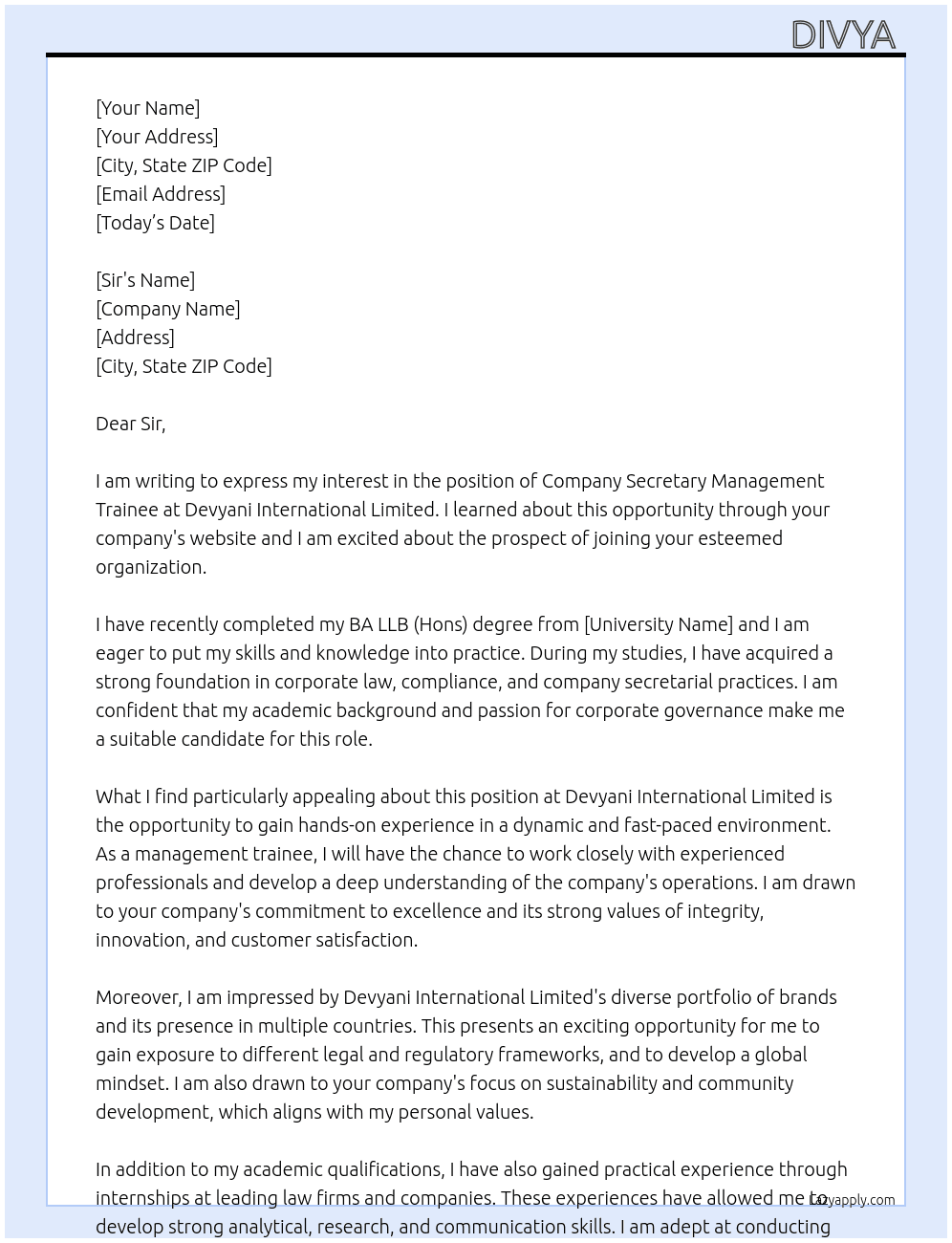 company secretary management trainee At Devyani International Limited Cover Letter