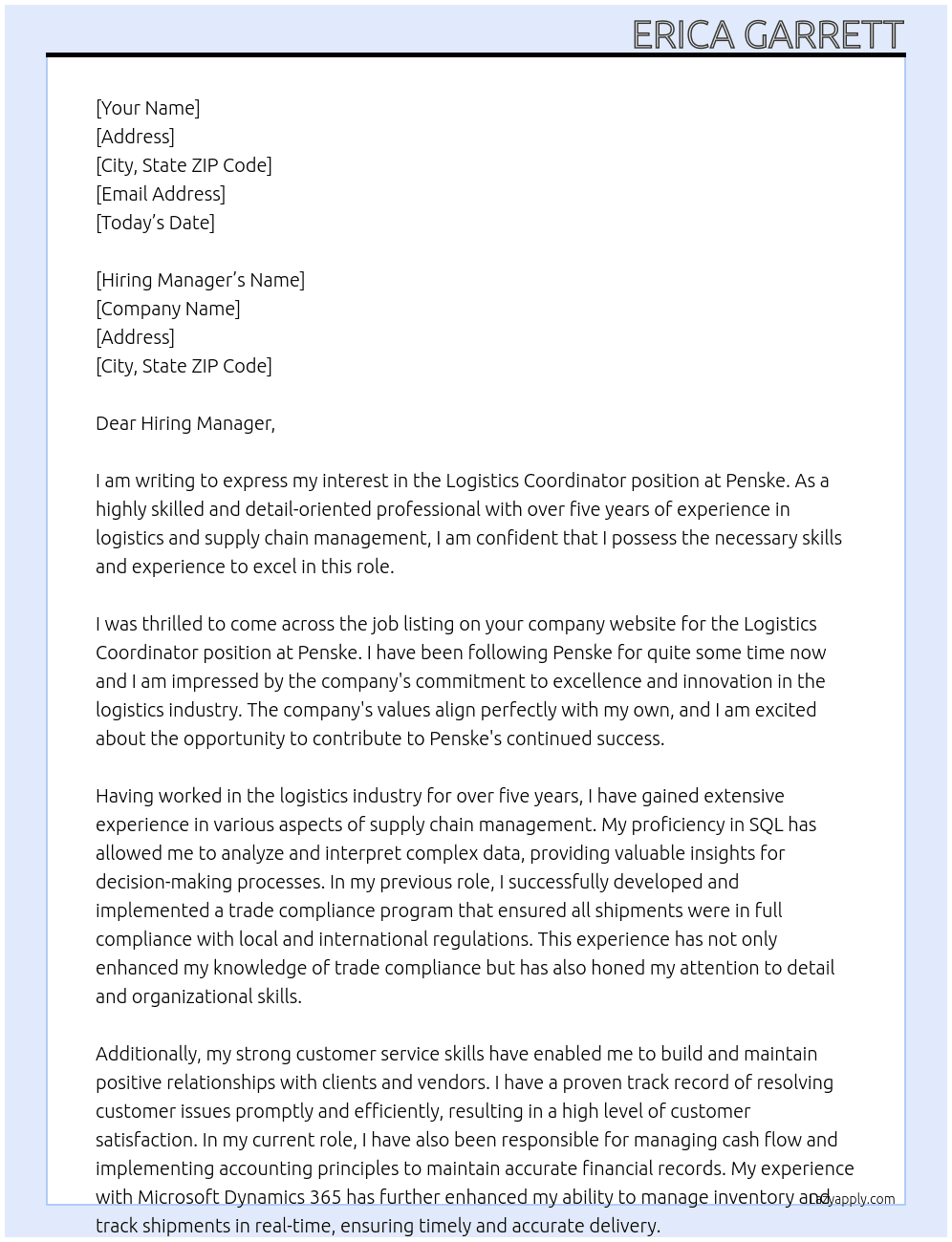Logistics Coordinator  At Penske Cover Letter